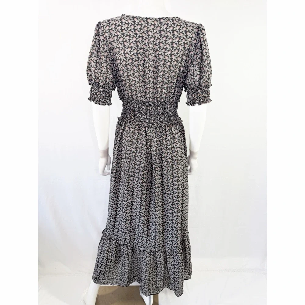 Max Studio Black Floral Maxi Dress Size L Casual Boho Short Sleeve V-Neck - Picture 6 of 11